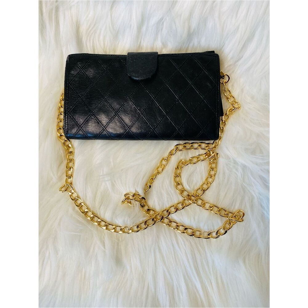 Chanel Vintage Authentic Black Lambskin Quilted Wallet-On-A-Chain
